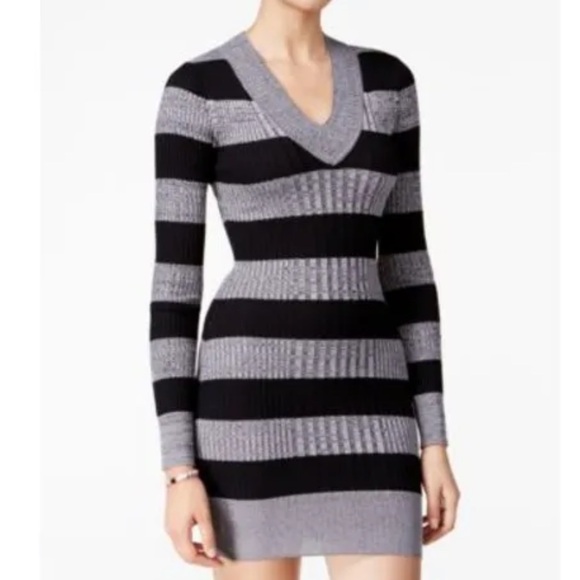 Planet Gold Bodycon V-Neck Center-Ribbed Sweater Dress. Black and Grey Stripes. - Picture 1 of 10